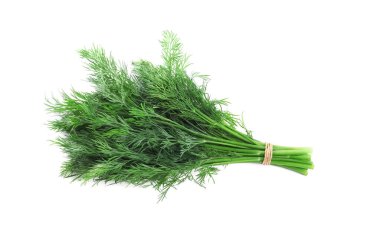 Beyaz arka planda taze dereotu sürüsü, üst görünüm