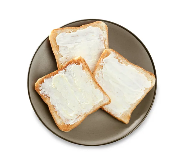 Deliciosas Torradas Com Manteiga Fundo Branco Vista Superior — Fotografia de Stock