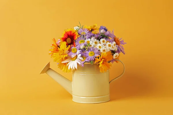 Watering Can Beautiful Flowers Yellow Background — Foto de Stock