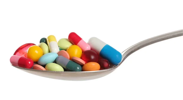 Verschillende Kleurrijke Pillen Lepel Geïsoleerd Wit — Stockfoto