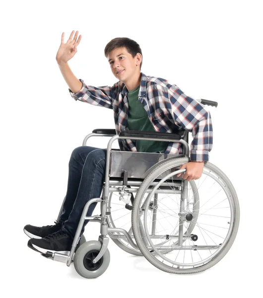 Підлітковий Хлопчик Інвалідному Візку Білому Тлі — стокове фото