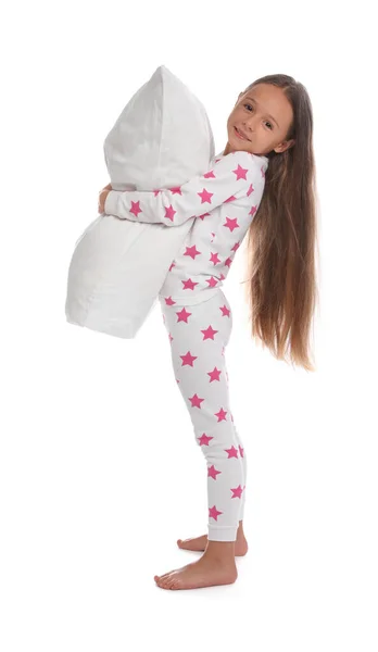 Jolie Fille Portant Pyjama Avec Oreiller Sur Fond Blanc — Photo