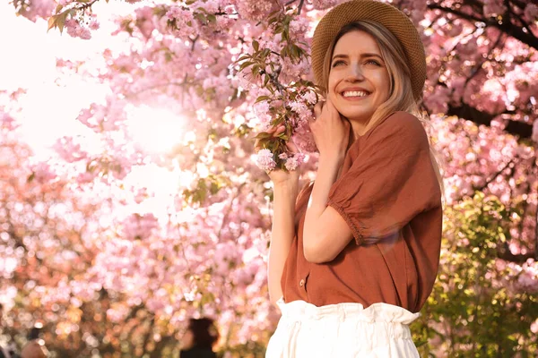 Junge Frau Stylischem Outfit Der Nähe Der Blühenden Sakura Park — Stockfoto