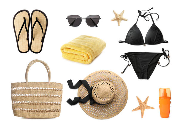 Комплект с различными пляжными аксессуарами на белом фоне 