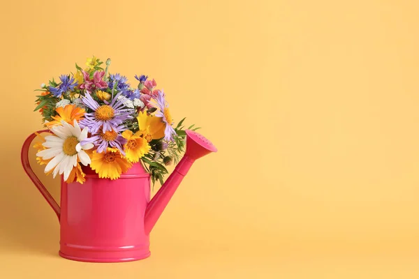 Sarı Arka Planda Güzel Çiçekleri Olan Pembe Sulama Kutusu Metin — Stok fotoğraf
