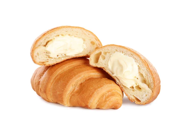 Deliciosos Croissants Con Crema Sobre Fondo Blanco — Foto de Stock