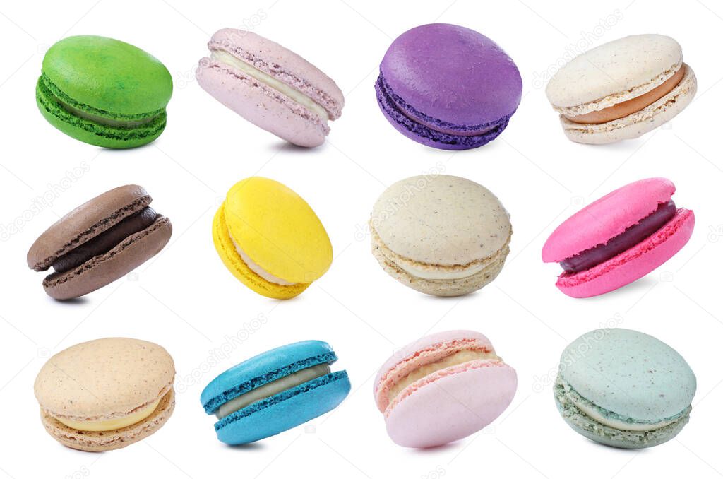 Set with different delicious macarons on white background