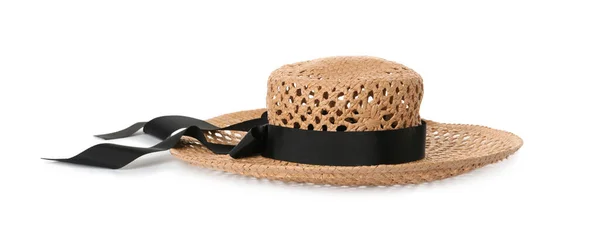 白に隔離されたスタイリッシュな藁帽子 ファッショナブルなアクセサリー — ストック写真