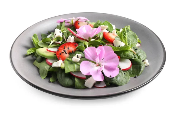 Salada Fresca Mola Com Flores Placa Isolada Branco — Fotografia de Stock
