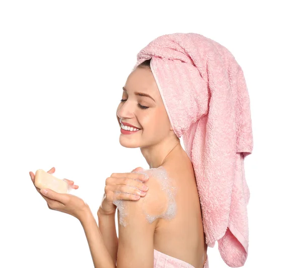 Young Woman Washing Body Soap Bar White Background — Stock Photo, Image