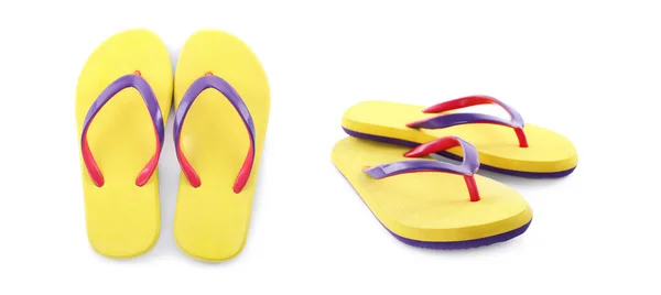 Stilvolle Flip Flops Auf Weißem Hintergrund Collage Banner Design — Stockfoto