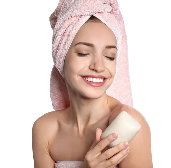 Beautiful Young Woman Soap Bar White Background — Stock Photo, Image