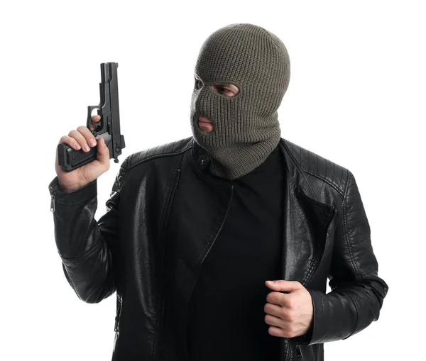 Man Bär Stickad Balaclava Med Pistol Vit Bakgrund — Stockfoto