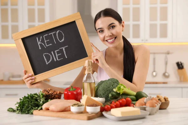 Happy Woman Holding Chalkboard Words Keto Diet Different Products Kitchen — Stock Photo, Image