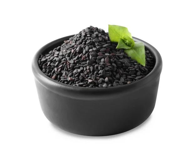 Black Sesame Seeds Green Leaf Bowl White Background — ストック写真