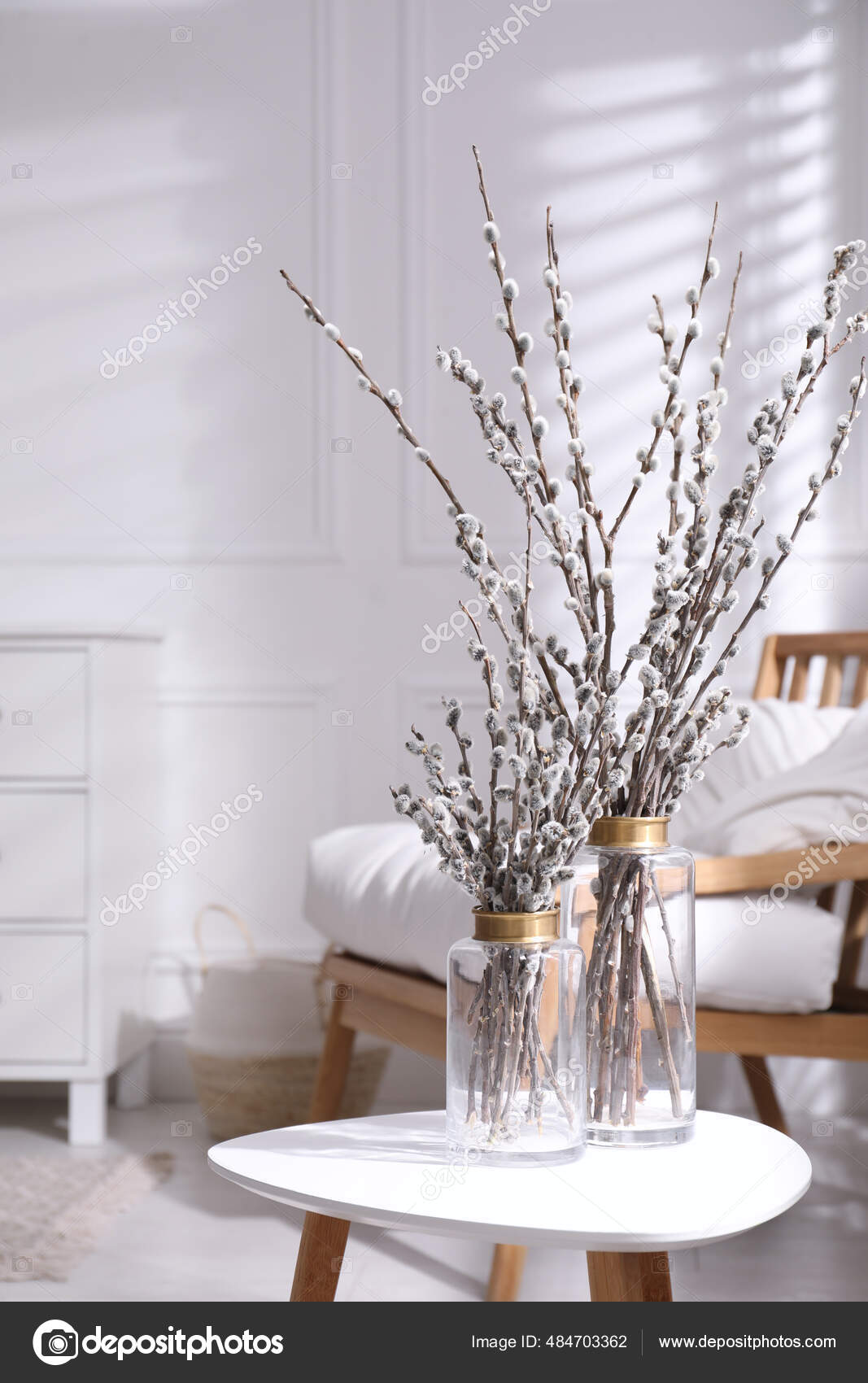 Glass Vases Pussy Willow Tree Branches Table Armchair Room Stock Photo by  ©NewAfrica 484703362