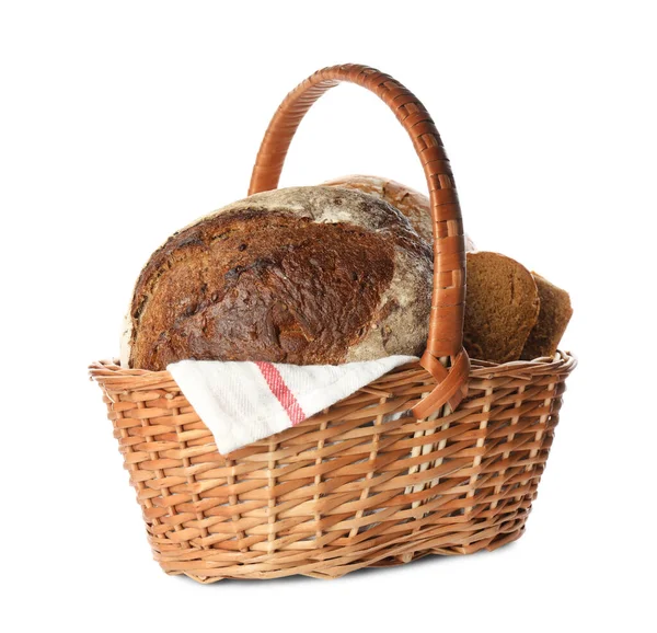 Frisches Roggenbrot Korb Auf Weißem Hintergrund — Stockfoto