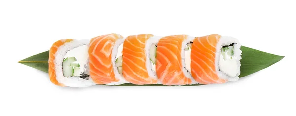Smaklig Sushi Rullar Och Grönt Blad Vit Bakgrund Ovanifrån — Stockfoto