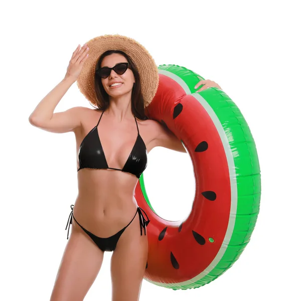 Mooie Vrouw Stijlvolle Bikini Met Opblaasbare Ring Witte Achtergrond — Stockfoto