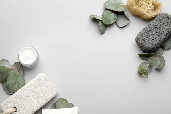Flat Lay Composition Pumice Stones Light Grey Background Space Text — Stock Photo, Image