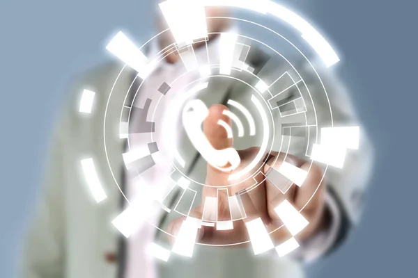 Hotline service. Man pointing at virtual icon with telephone symbol, closeup