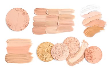 Beyaz arkaplanda farklı sıvı fondöten ve yüz pudrası ile ayarlayın, üst görünüm 