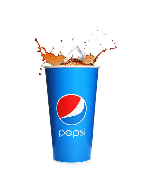 MYKOLAIV, UKRAINE - JUNE 9, 2021: Pepsi splashing out of paper cup isolated on white