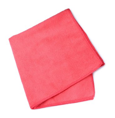 Kırmızı mikrofiber kumaş beyaz, üst görünümde izole edilmiş.