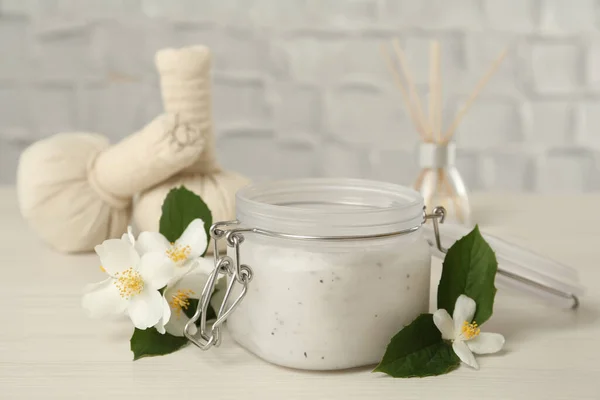 Jar Salt Scrub Beautiful Jasmine Flowers White Wooden Table — Stock Photo, Image