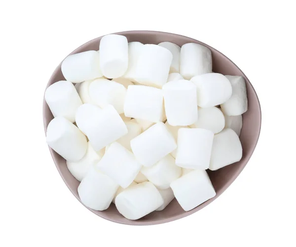 Deliciosos Marshmallows Inchados Tigela Fundo Branco Vista Superior — Fotografia de Stock
