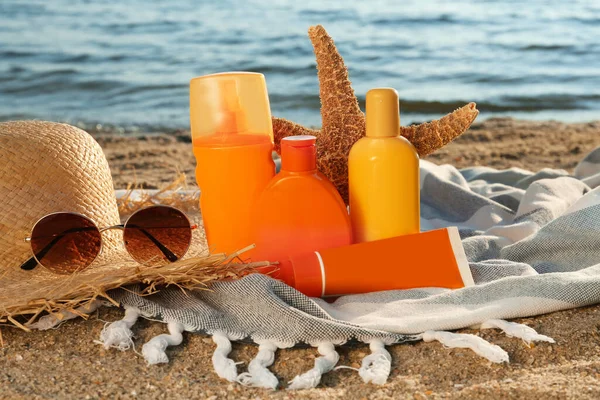 Sun Protection Products Beach Accessories Blanket Sea — Stock Photo, Image
