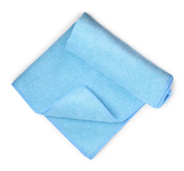 Açık mavi mikrofiber kumaş beyaz, üst görünümde izole