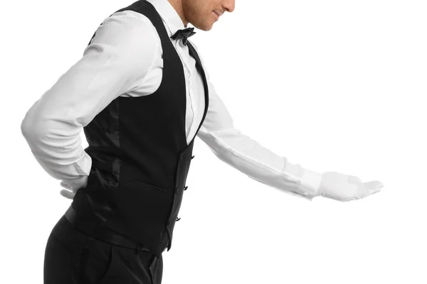 Butler Elegant Uniform Witte Achtergrond Close — Stockfoto