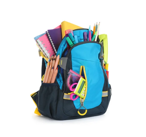 Sac Dos Couleur Avec Différentes Fournitures Scolaires Isolé Sur Blanc — Photo