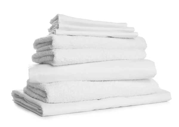 Stack Towels Bed Sheets White Background — Stock Photo, Image