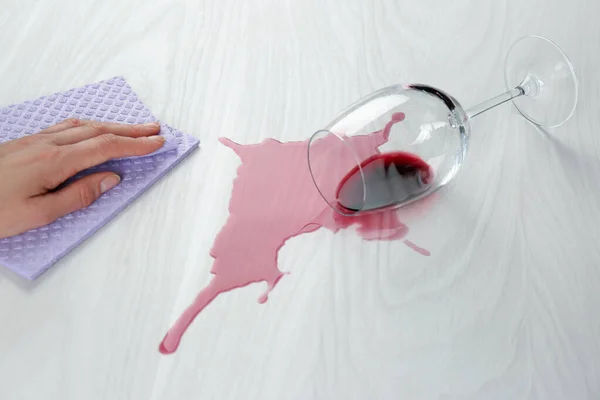 Woman Cleaning Spilled Wine White Wooden Table Closeup — Stock Photo, Image