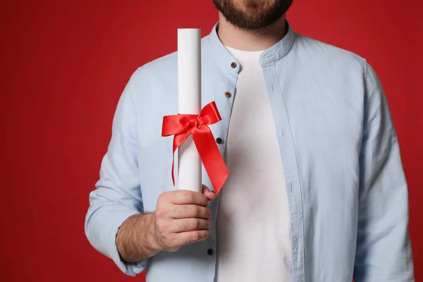 Student Diploma Red Background Closeup — Stock Photo, Image