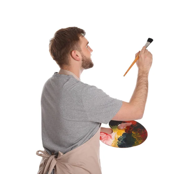 Pintura Homem Com Escova Sobre Fundo Branco Jovem Artista — Fotografia de Stock