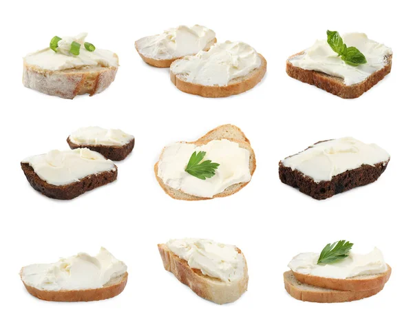 Set Pan Con Queso Crema Sobre Fondo Blanco —  Fotos de Stock