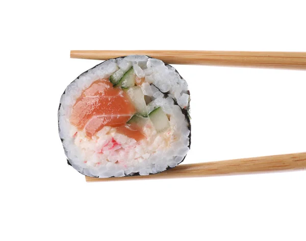 Chopsticks Com Rolo Sushi Saboroso Fundo Branco Close — Fotografia de Stock