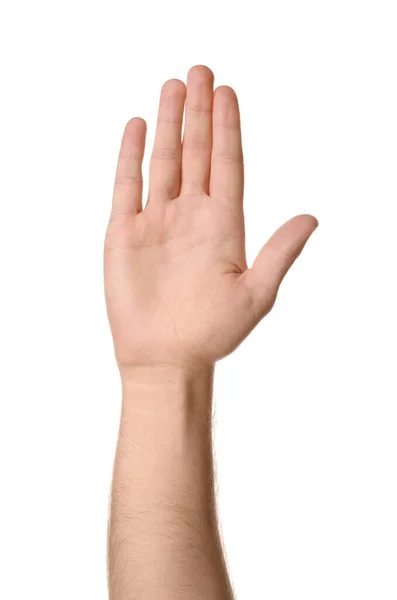Mann Vor Weißem Hintergrund Nahaufnahme Der Hand — Stockfoto