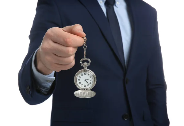 Hombre Negocios Sosteniendo Reloj Bolsillo Sobre Fondo Blanco Primer Plano —  Fotos de Stock