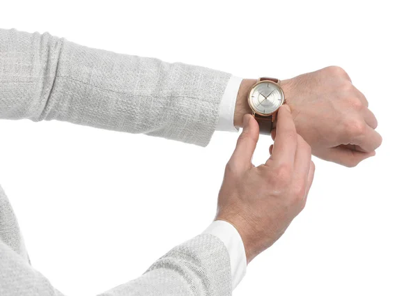 Biznesmen Noszący Zegarek Białym Tle Zbliżenie Zarządzanie Czasem — Zdjęcie stockowe