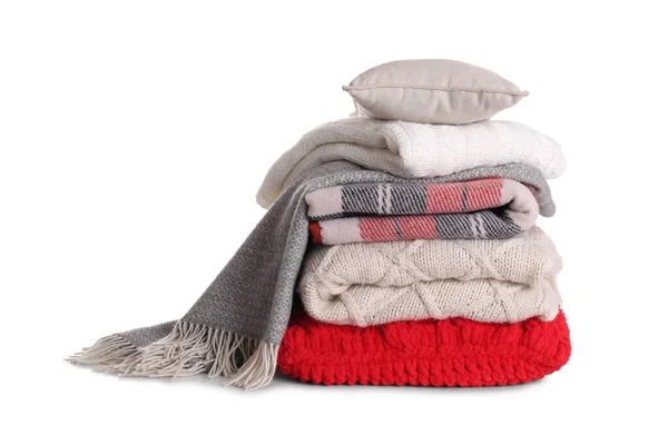 Stack Pillows Folded Warm Plaids White Background — Stock Photo, Image