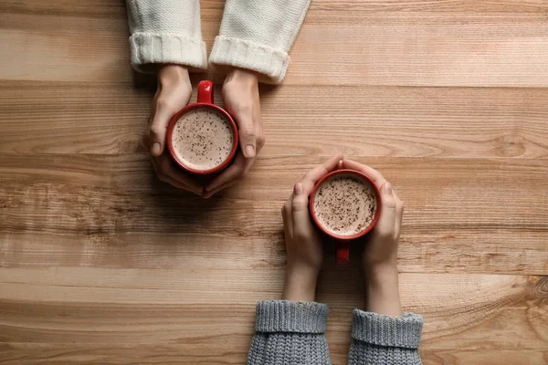 Women Cups Coffee Wooden Table Top View — Stock Photo, Image