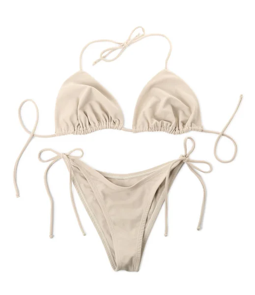 Stylish Beige Bikini White Background Top View — Stock Photo, Image