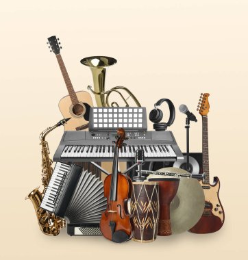 Bej arka planda farklı müzik araçları grubu