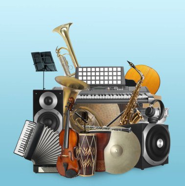 Açık mavi arkaplanda farklı müzik araçları grubu