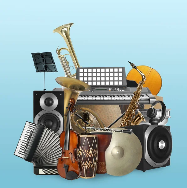 Group Different Musical Instruments Light Blue Background — Stock Photo, Image