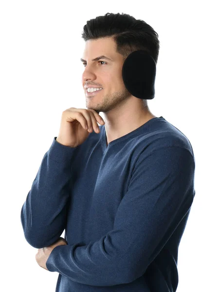 Homem Vestindo Protetores Ouvido Elegantes Fundo Branco — Fotografia de Stock